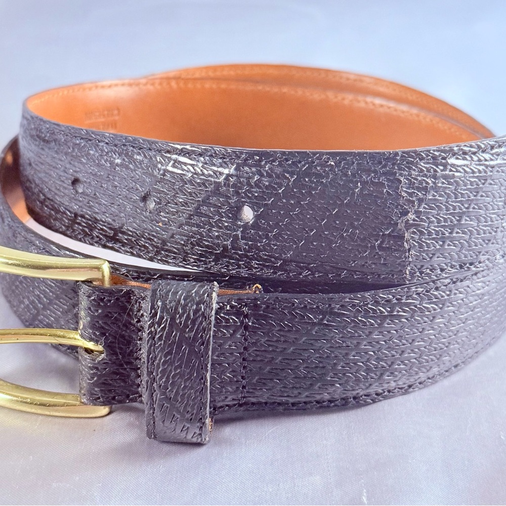 VTG Cole Haan Belt Black Italian Leather Embossed Calfskin 36” Brass Buckle